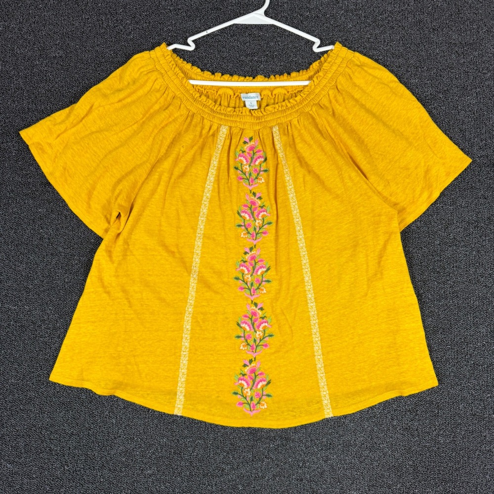 Sundance Garden Off The Shoulder Top Women's S Mustard 100% Linen Floral Boho